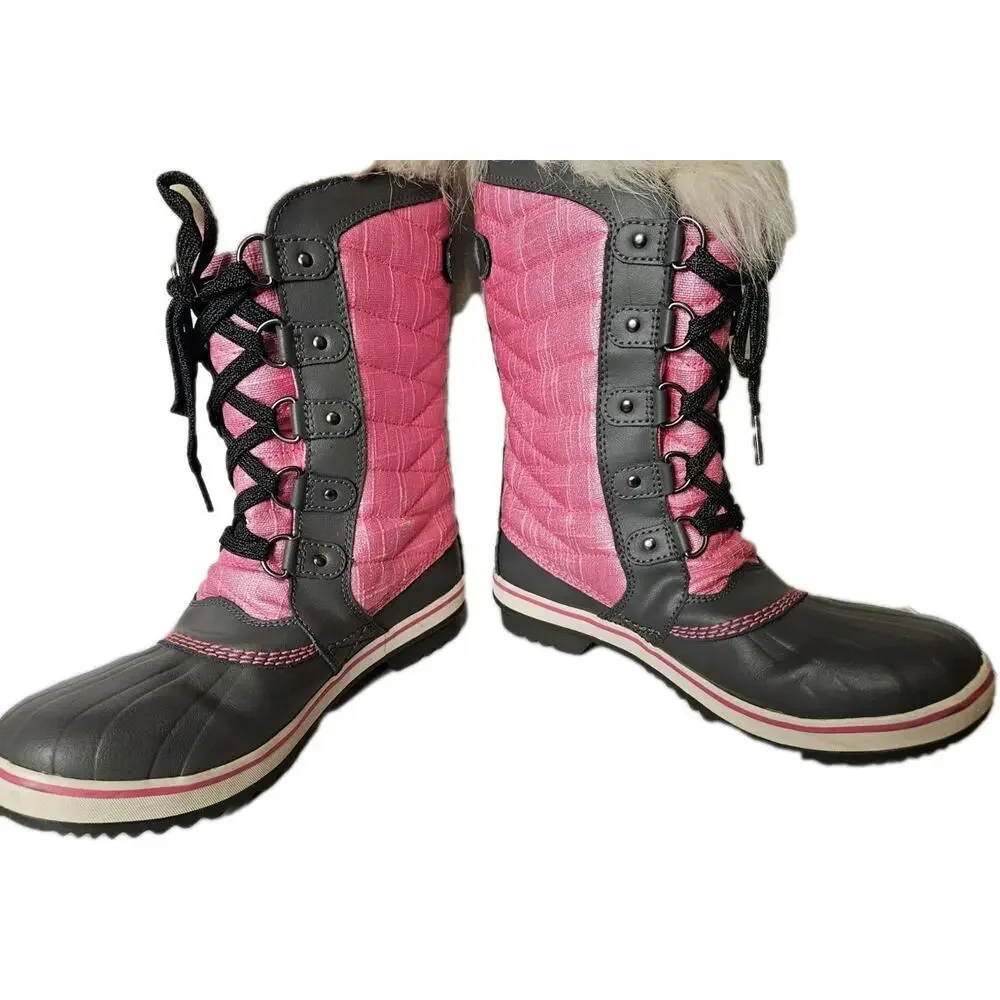 Sorel Tofino II Snow Boots YOUTH Size 6 Pink Gray Waterproof Fleece Fur Trim